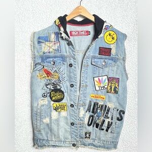 Rare High Times Mens Denim Vest Size Medium Embroidery Jean Patch Hooded Size M